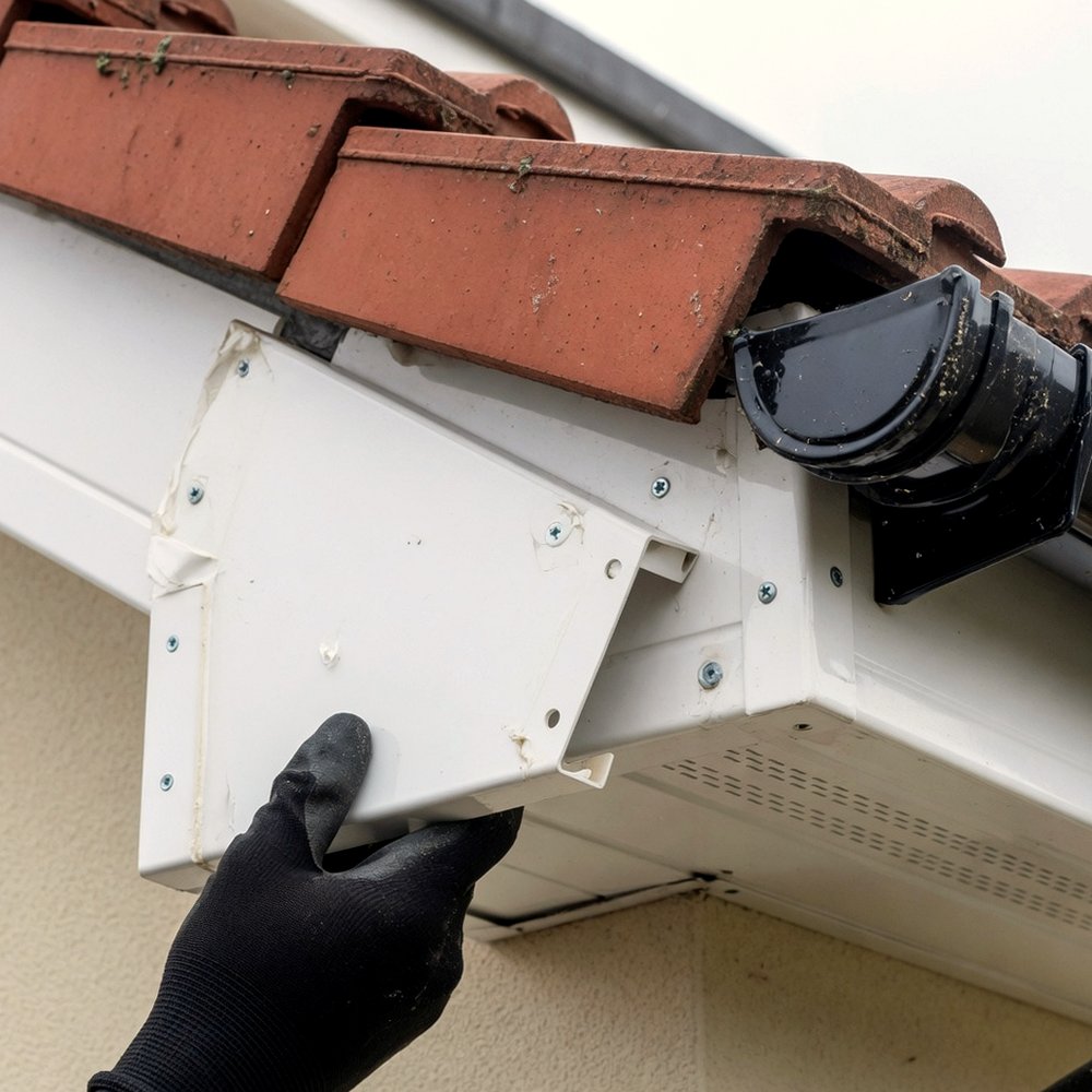 Gloved hand fitting a white UPVC fascia board under clay tiles