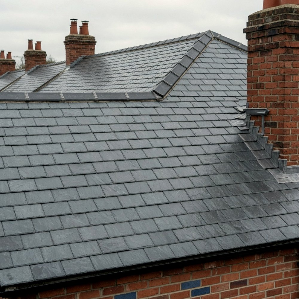 Grey slate covering on a red-brick terrace with stepped lead at the chimney