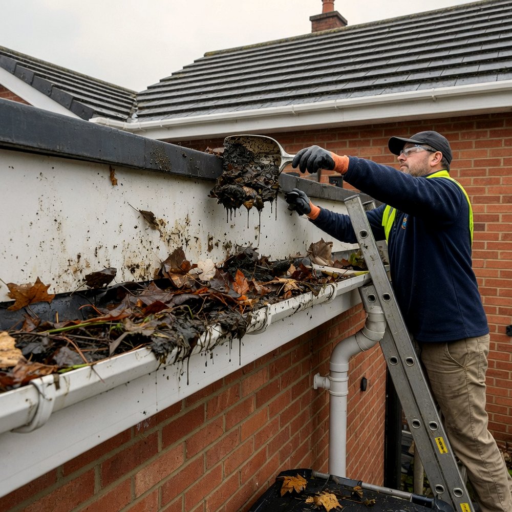 Tradesperson on a ladder scooping wet leaves from a white gutter